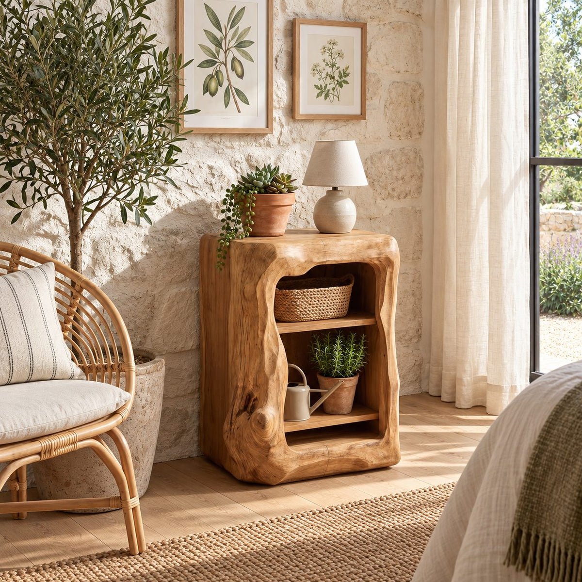 Rounded Window Trunk Nightstand with Two Open Shelves, Carved Solid Wood Bedside Cabinet