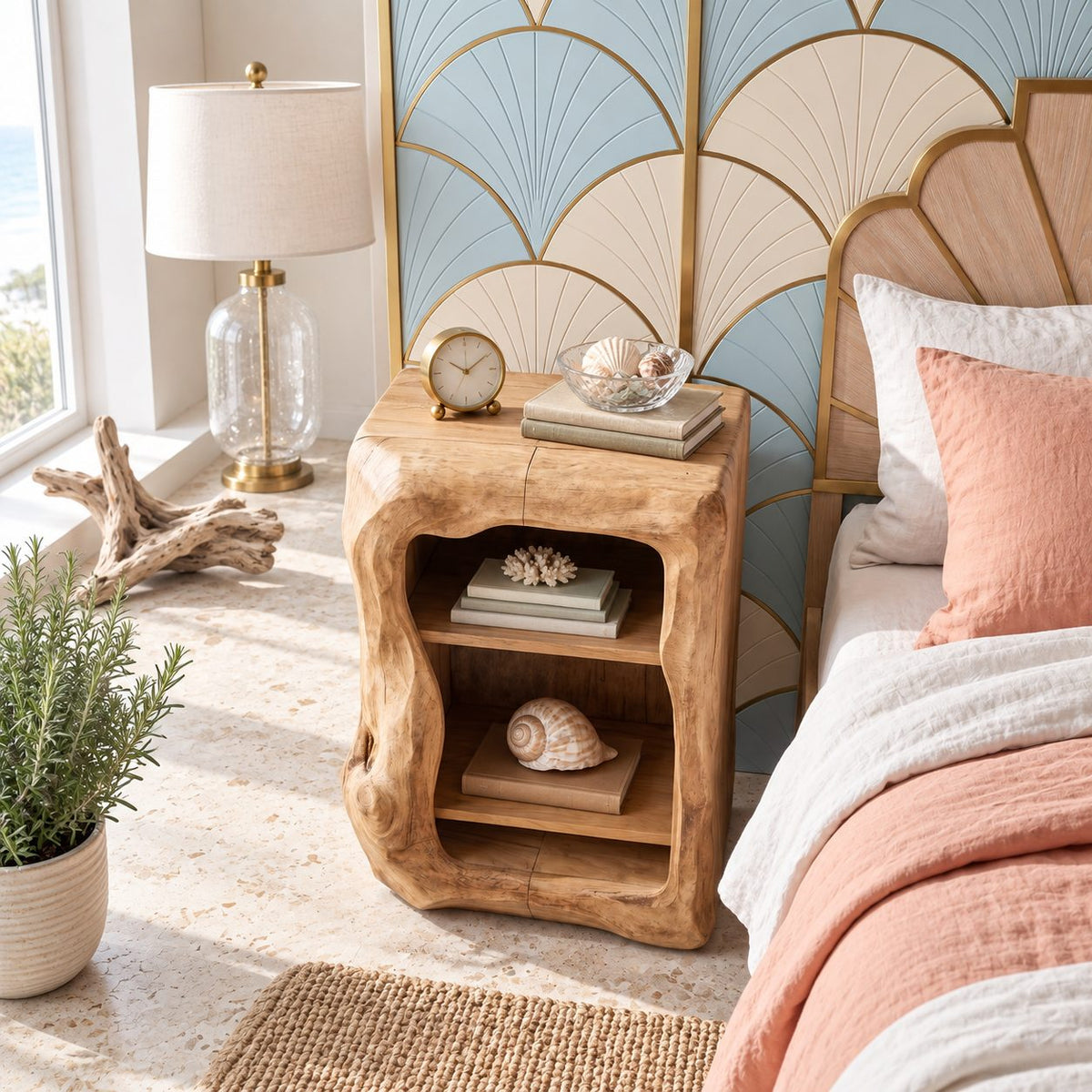 Rounded Window Trunk Nightstand with Two Open Shelves, Carved Solid Wood Bedside Cabinet