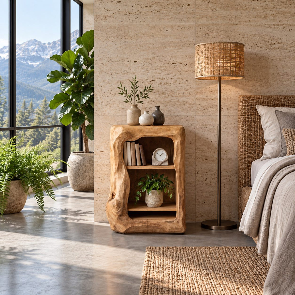 Rounded Window Trunk Nightstand with Two Open Shelves, Carved Solid Wood Bedside Cabinet