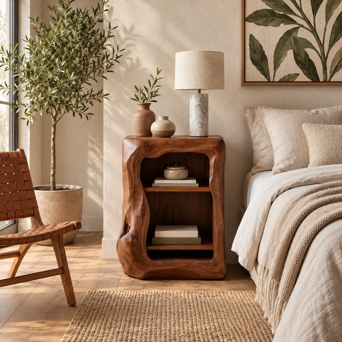 Rounded Window Trunk Nightstand with Two Open Shelves, Carved Solid Wood Bedside Cabinet