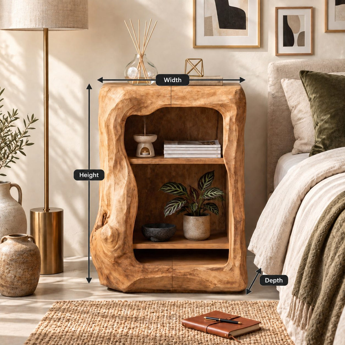 Rounded Window Trunk Nightstand with Two Open Shelves, Carved Solid Wood Bedside Cabinet
