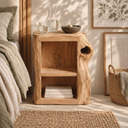 Knothole Side Nightstand with Open Box Shelf, Square Cut Tree Trunk Solid Wood Bedside Table