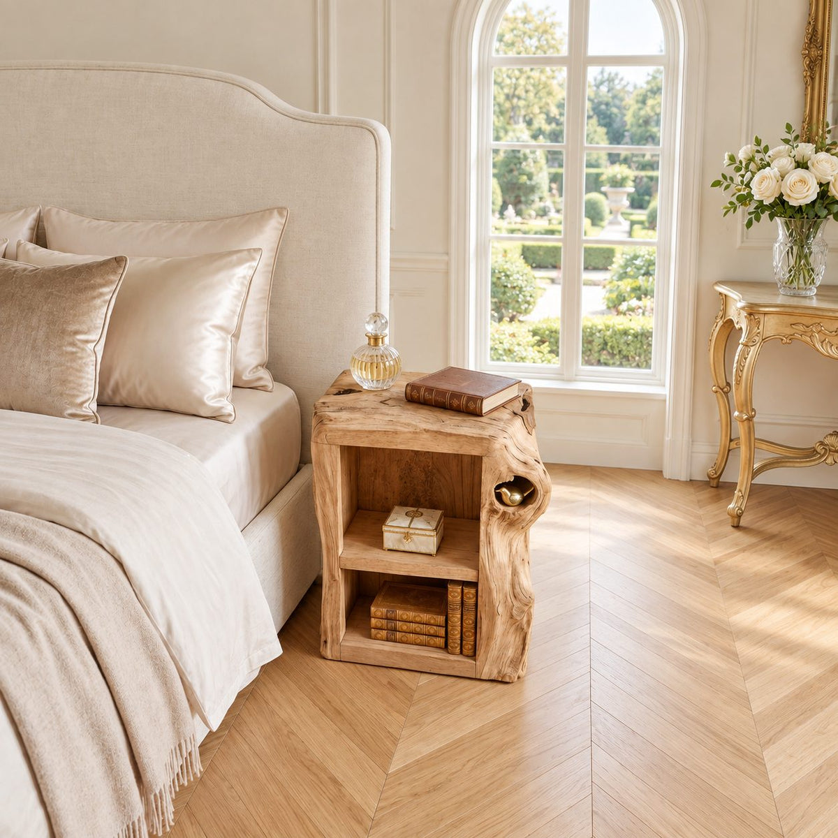 Knothole Side Nightstand with Open Box Shelf, Square Cut Tree Trunk Solid Wood Bedside Table