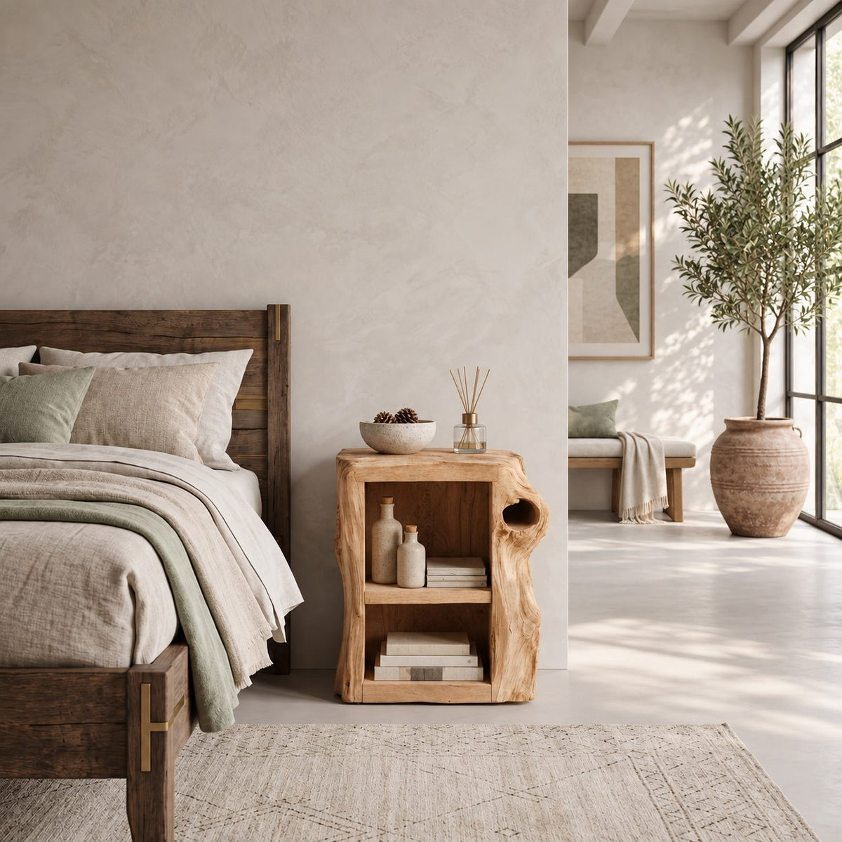 Knothole Side Nightstand with Open Box Shelf, Square Cut Tree Trunk Solid Wood Bedside Table