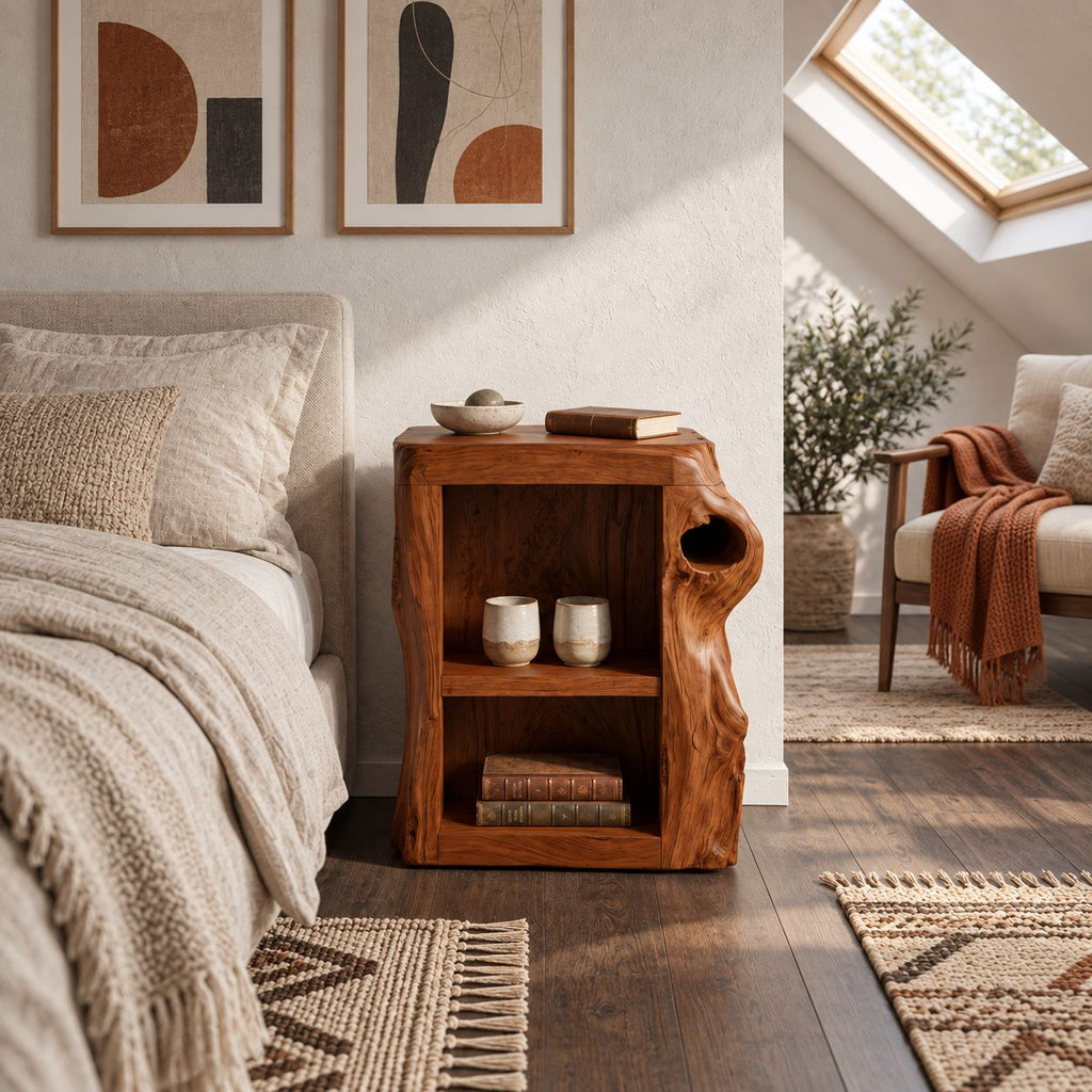 Knothole Side Nightstand with Open Box Shelf, Square Cut Tree Trunk Solid Wood Bedside Table