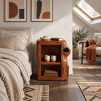 Knothole Side Nightstand with Open Box Shelf, Square Cut Tree Trunk Solid Wood Bedside Table