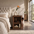 Knothole Side Nightstand with Open Box Shelf, Square Cut Tree Trunk Solid Wood Bedside Table