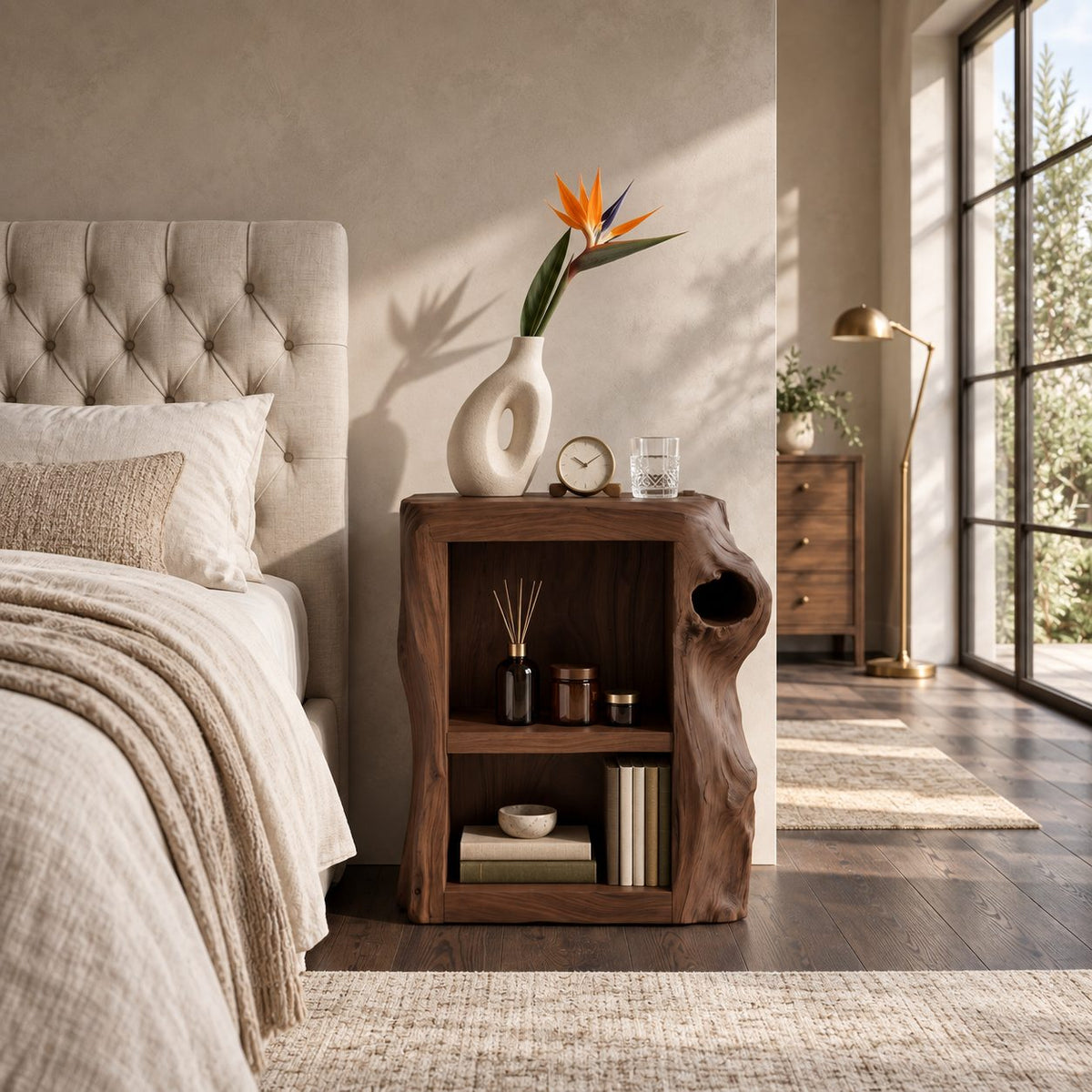 Knothole Side Nightstand with Open Box Shelf, Square Cut Tree Trunk Solid Wood Bedside Table