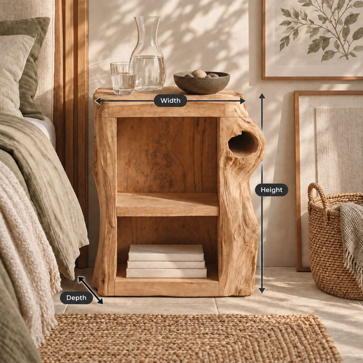 Knothole Side Nightstand with Open Box Shelf, Square Cut Tree Trunk Solid Wood Bedside Table