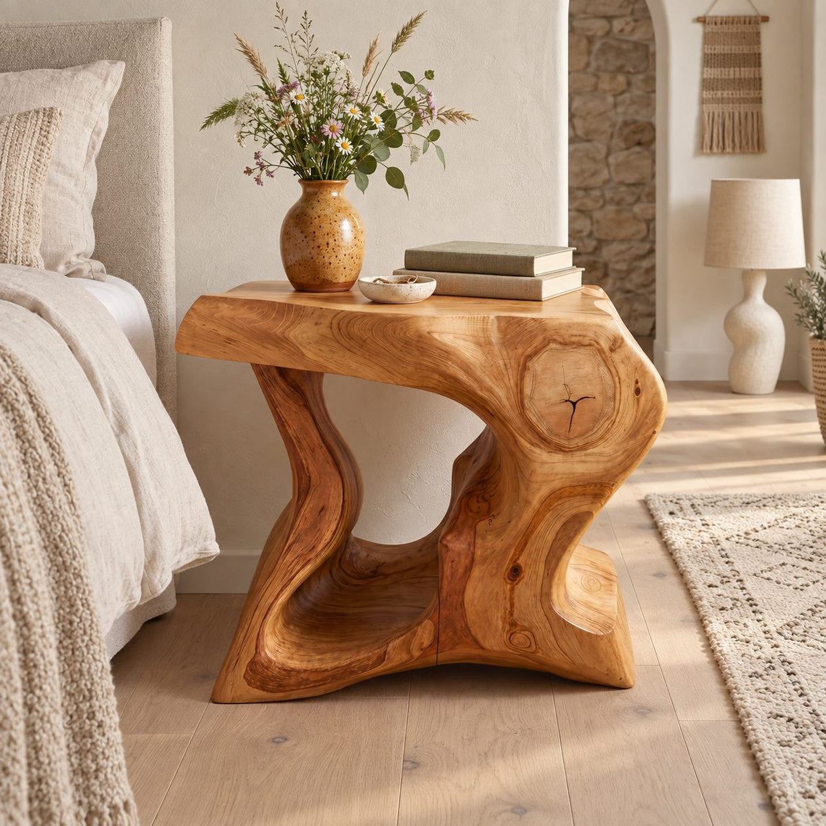 Hourglass Carved Block Nightstand, Freeform Organic Solid Wood Bedside Table with Open Hollow