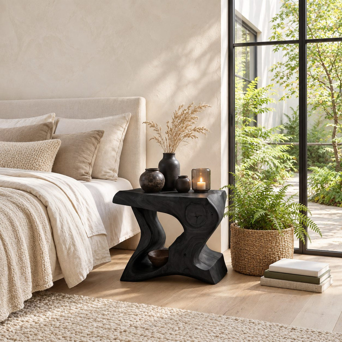 Hourglass Carved Block Nightstand, Freeform Organic Solid Wood Bedside Table with Open Hollow
