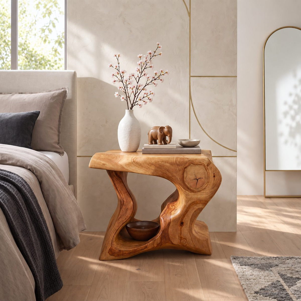 Hourglass Carved Block Nightstand, Freeform Organic Solid Wood Bedside Table with Open Hollow