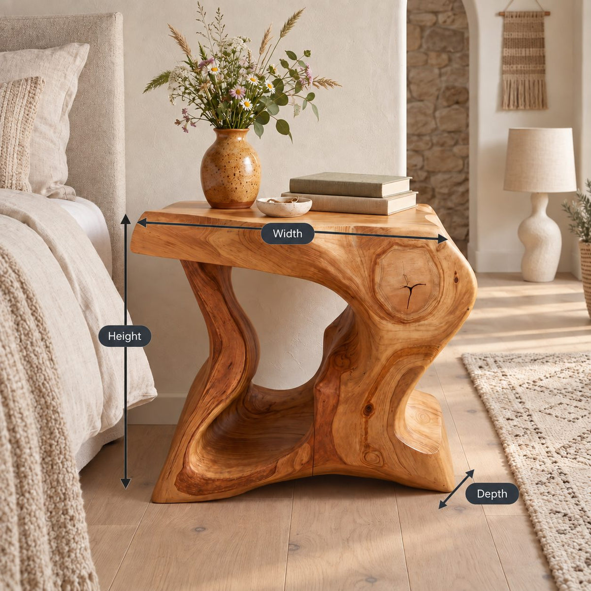 Hourglass Carved Block Nightstand, Freeform Organic Solid Wood Bedside Table with Open Hollow