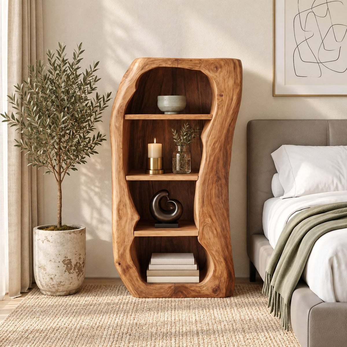 Freeform Trunk Live Edge Bookshelf with Three Open Shelves, Carved Solid Wood Bedroom Shelf Cabinet