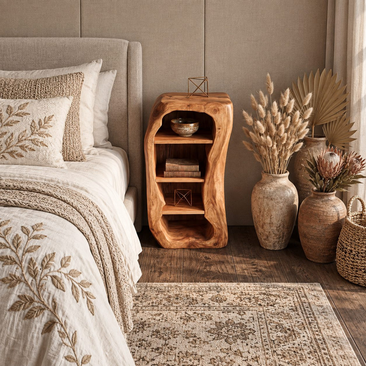Freeform Trunk Live Edge Bookshelf with Three Open Shelves, Carved Solid Wood Bedroom Shelf Cabinet