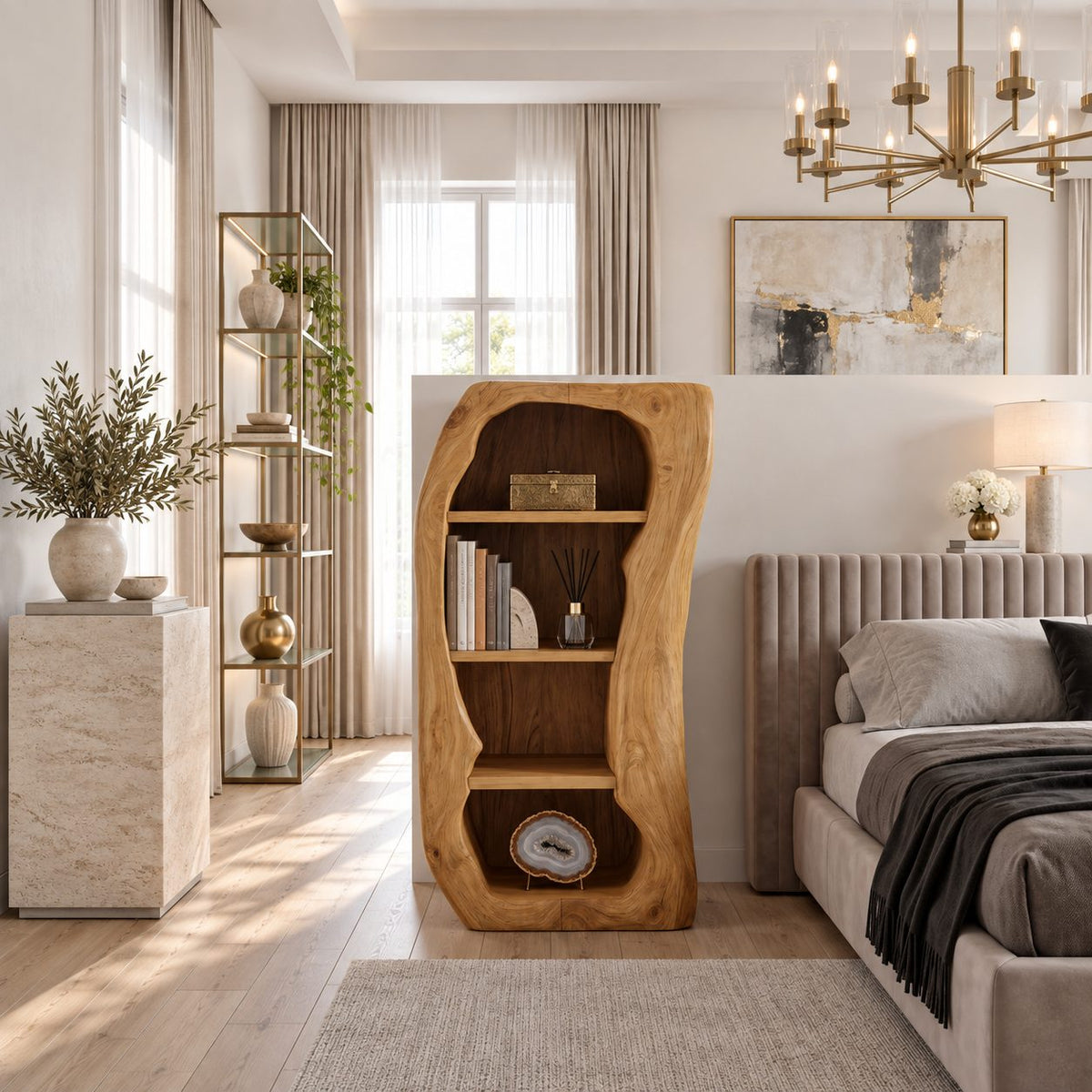 Freeform Trunk Live Edge Bookshelf with Three Open Shelves, Carved Solid Wood Bedroom Shelf Cabinet