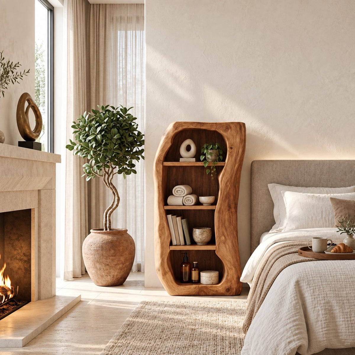 Freeform Trunk Live Edge Bookshelf with Three Open Shelves, Carved Solid Wood Bedroom Shelf Cabinet