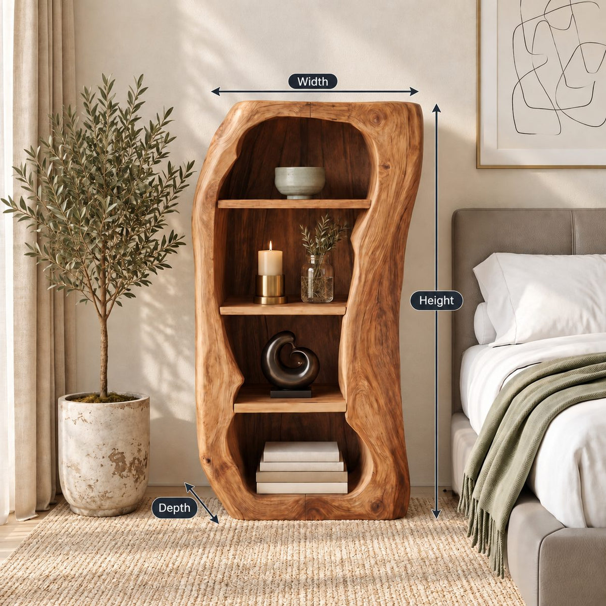 Freeform Trunk Live Edge Bookshelf with Three Open Shelves, Carved Solid Wood Bedroom Shelf Cabinet