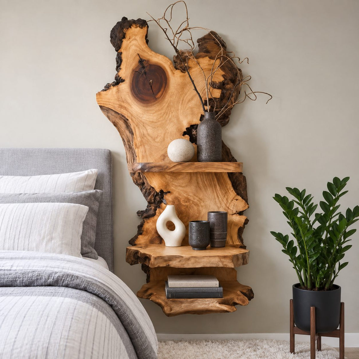 Burl Slab Wall Shelf with Three Live Edge Ledges, Tall Solid Wood Wall Mounted Bedside Display