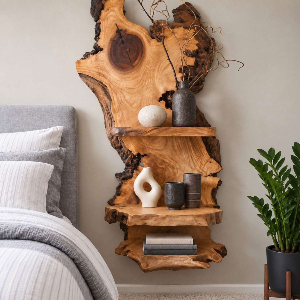 Burl Slab Wall Shelf with Three Live Edge Ledges, Tall Solid Wood Wall Mounted Bedside Display