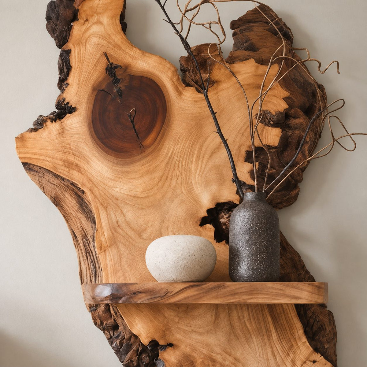 Burl Slab Wall Shelf with Three Live Edge Ledges, Tall Solid Wood Wall Mounted Bedside Display