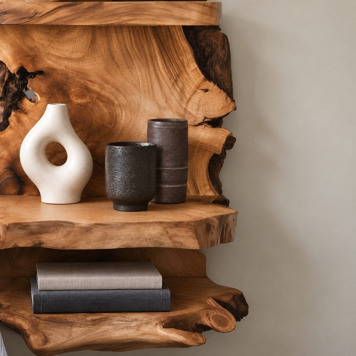 Burl Slab Wall Shelf with Three Live Edge Ledges, Tall Solid Wood Wall Mounted Bedside Display