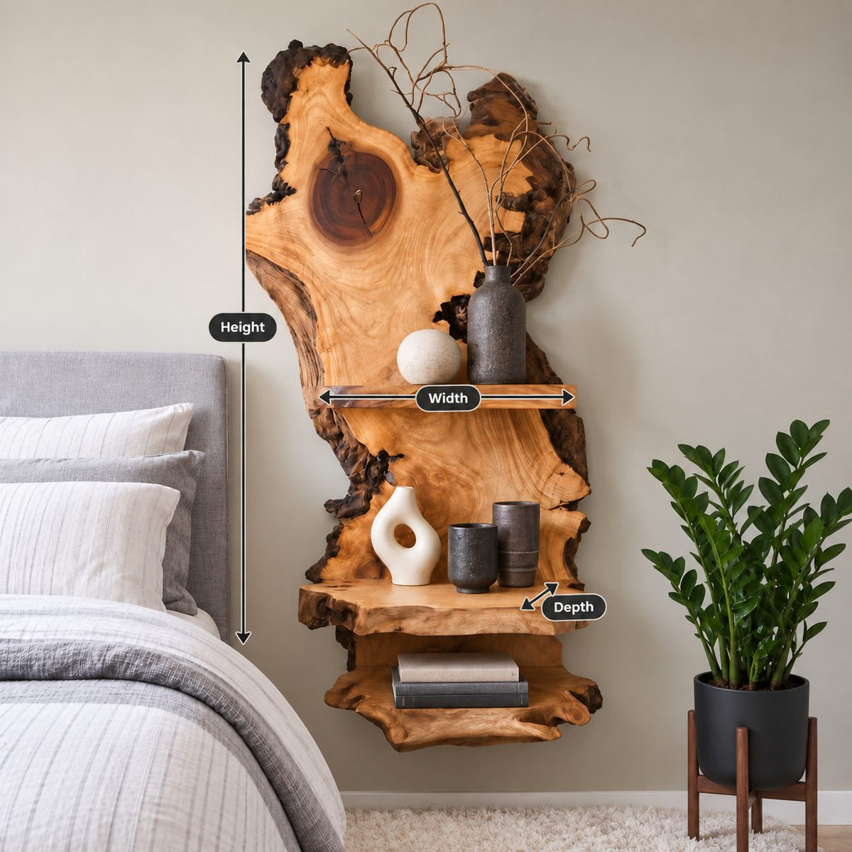 Burl Slab Wall Shelf with Three Live Edge Ledges, Tall Solid Wood Wall Mounted Bedside Display