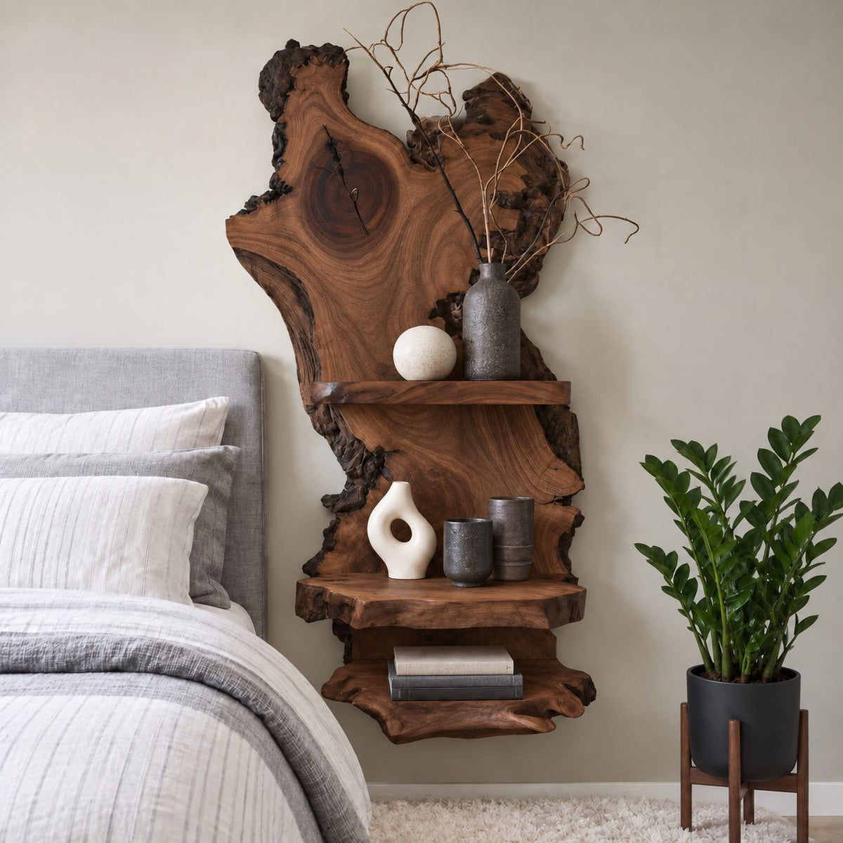 Burl Slab Wall Shelf with Three Live Edge Ledges, Tall Solid Wood Wall Mounted Bedside Display