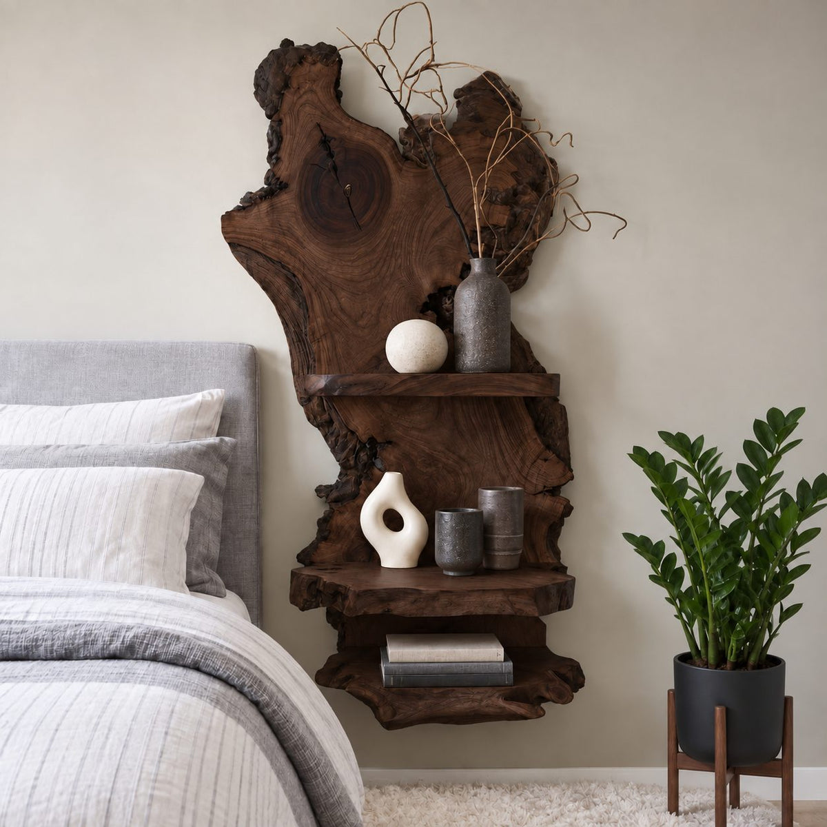Burl Slab Wall Shelf with Three Live Edge Ledges, Tall Solid Wood Wall Mounted Bedside Display