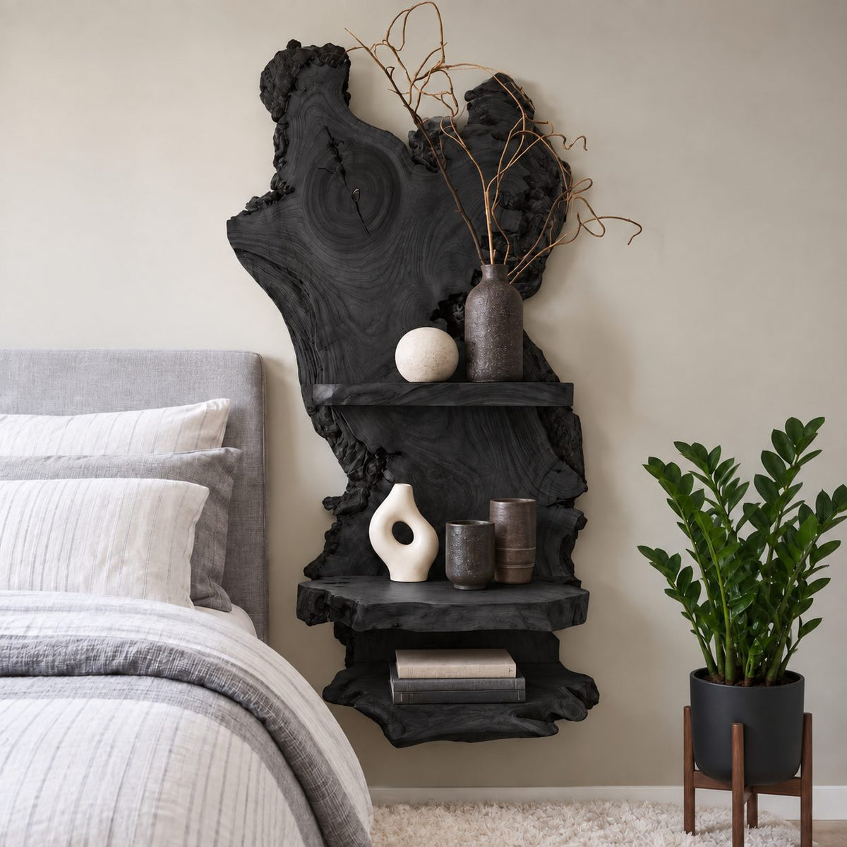 Burl Slab Wall Shelf with Three Live Edge Ledges, Tall Solid Wood Wall Mounted Bedside Display