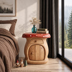 Toadstool Mushroom Nightstand with Drawer and Arched Door, Painted Cap Solid Wood Bedside Cabinet
