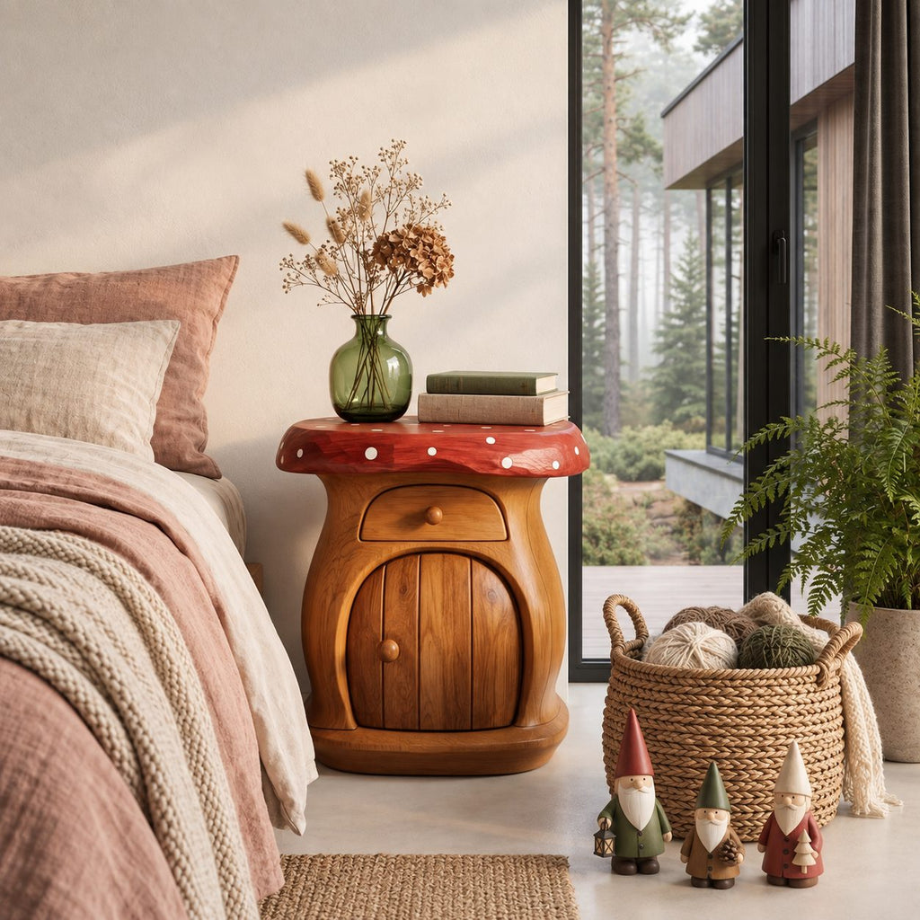 Toadstool Mushroom Nightstand with Drawer and Arched Door, Painted Cap Solid Wood Bedside Cabinet