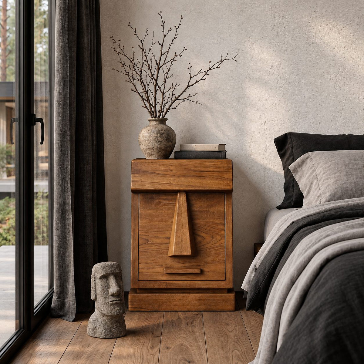 Geometric Face Door Nightstand, Carved Wedge Front Solid Wood Bedside Cabinet on Plinth Base