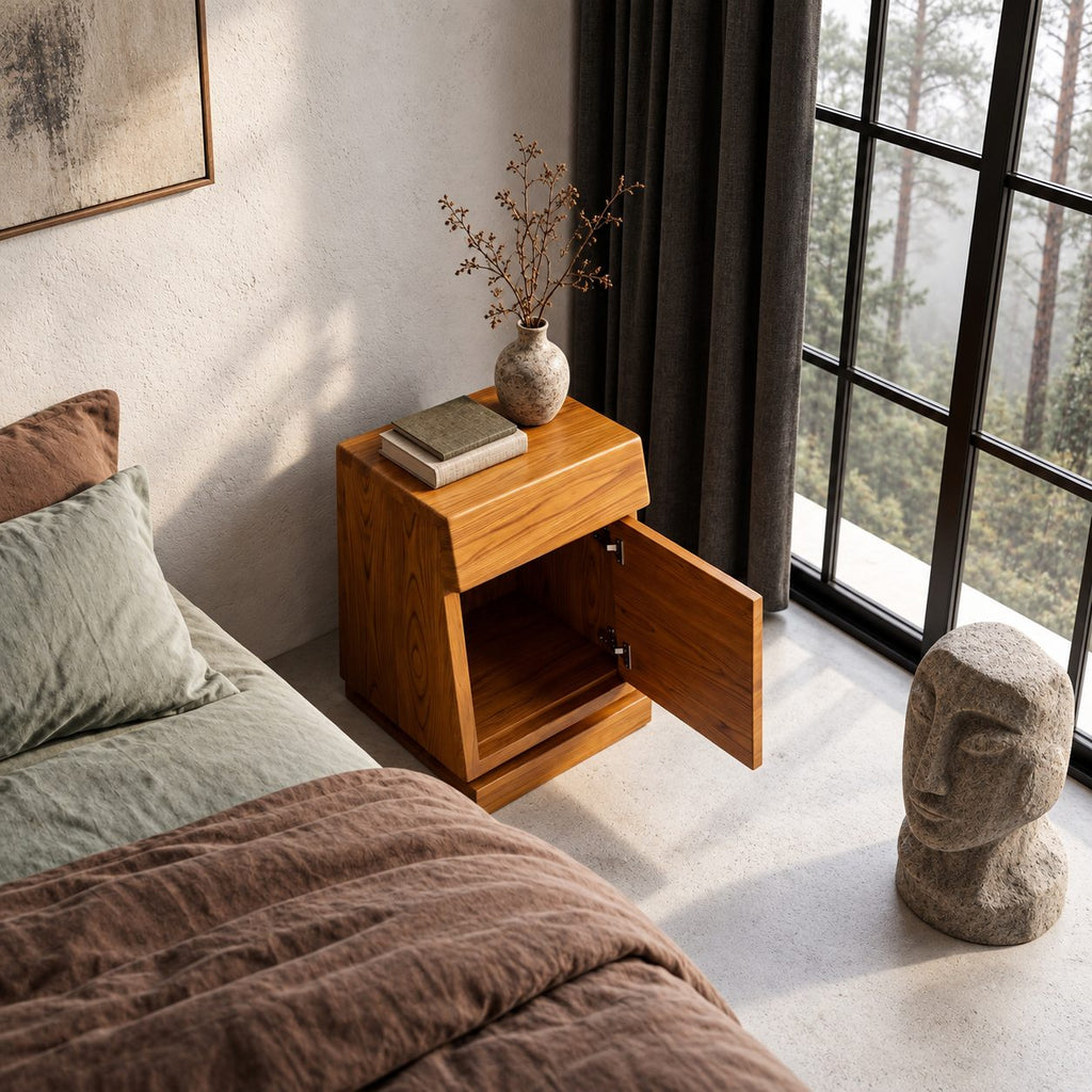 Geometric Face Door Nightstand, Carved Wedge Front Solid Wood Bedside Cabinet on Plinth Base