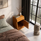 Geometric Face Door Nightstand, Carved Wedge Front Solid Wood Bedside Cabinet on Plinth Base