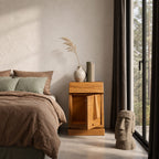 Geometric Face Door Nightstand, Carved Wedge Front Solid Wood Bedside Cabinet on Plinth Base