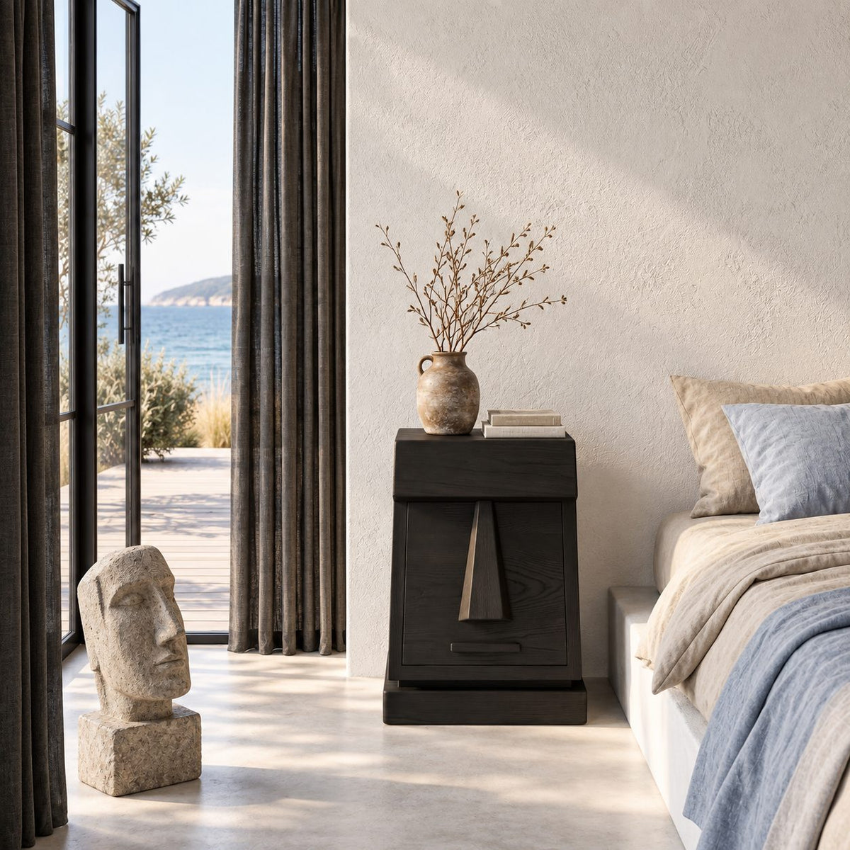 Geometric Face Door Nightstand, Carved Wedge Front Solid Wood Bedside Cabinet on Plinth Base