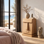 Geometric Face Door Nightstand, Carved Wedge Front Solid Wood Bedside Cabinet on Plinth Base