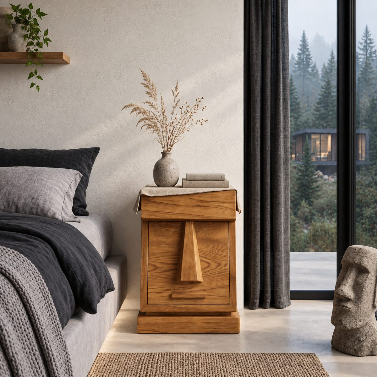 Geometric Face Door Nightstand, Carved Wedge Front Solid Wood Bedside Cabinet on Plinth Base