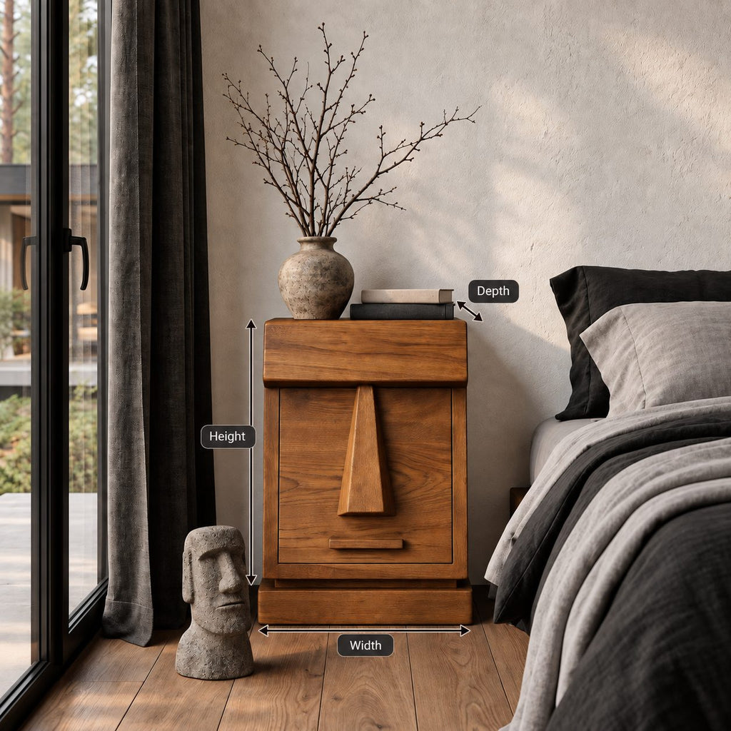 Geometric Face Door Nightstand, Carved Wedge Front Solid Wood Bedside Cabinet on Plinth Base