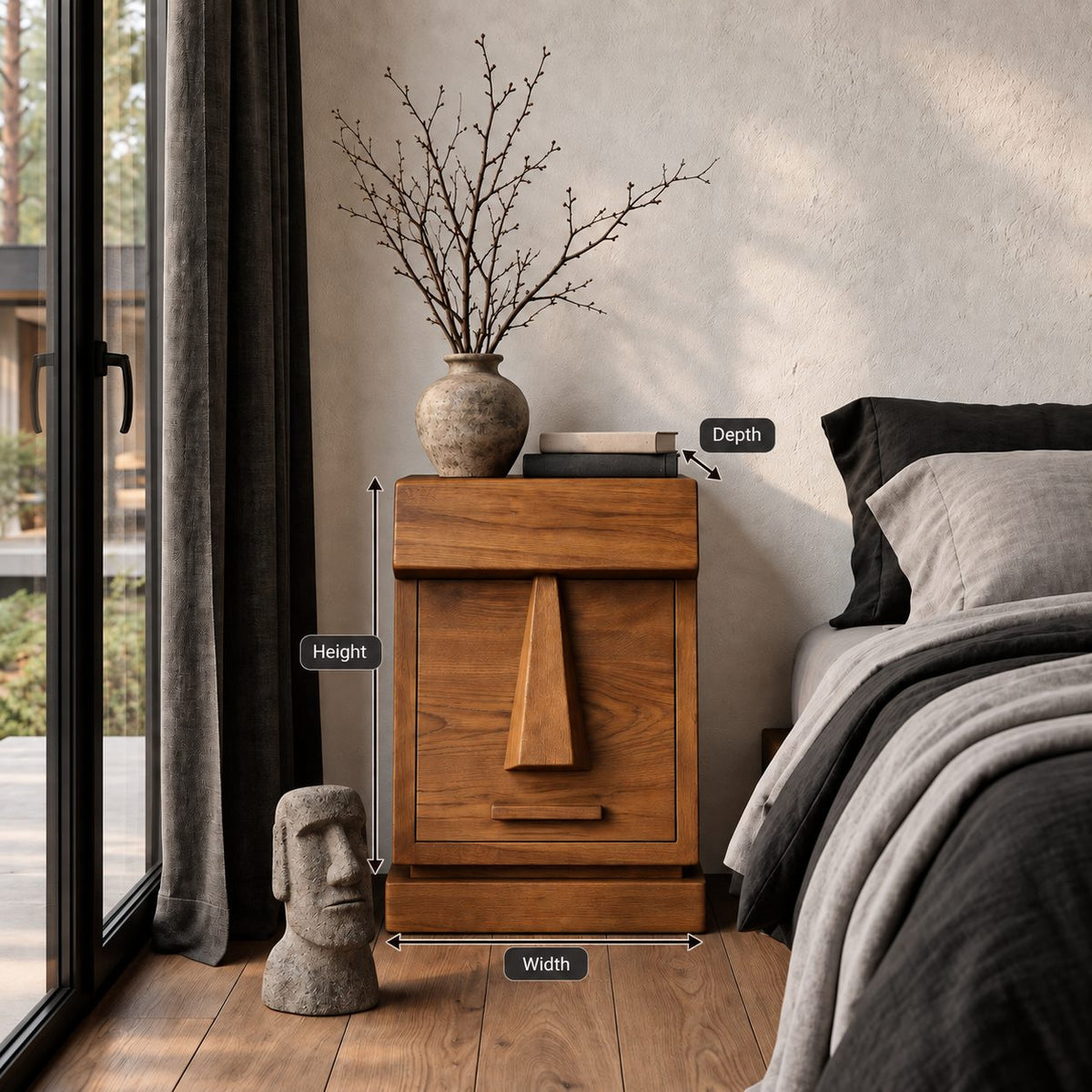 Geometric Face Door Nightstand, Carved Wedge Front Solid Wood Bedside Cabinet on Plinth Base