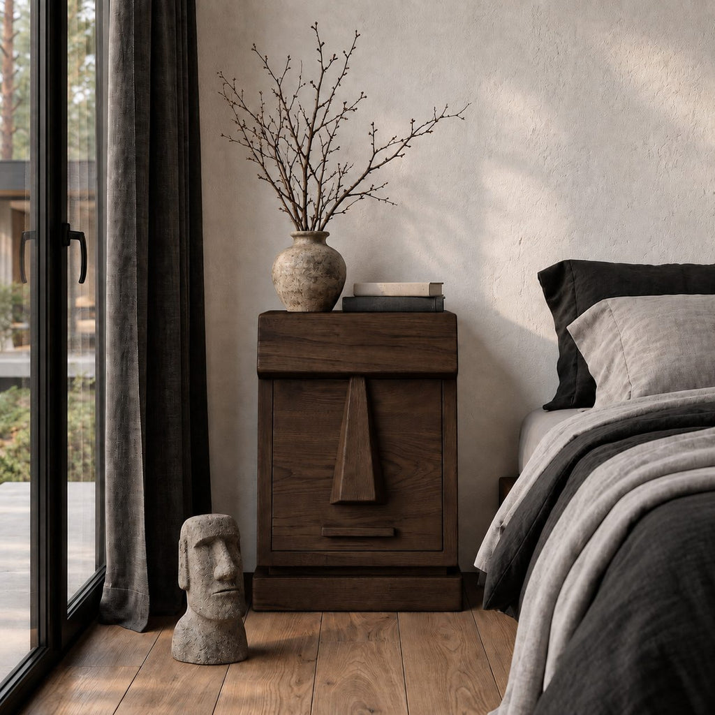 Geometric Face Door Nightstand, Carved Wedge Front Solid Wood Bedside Cabinet on Plinth Base