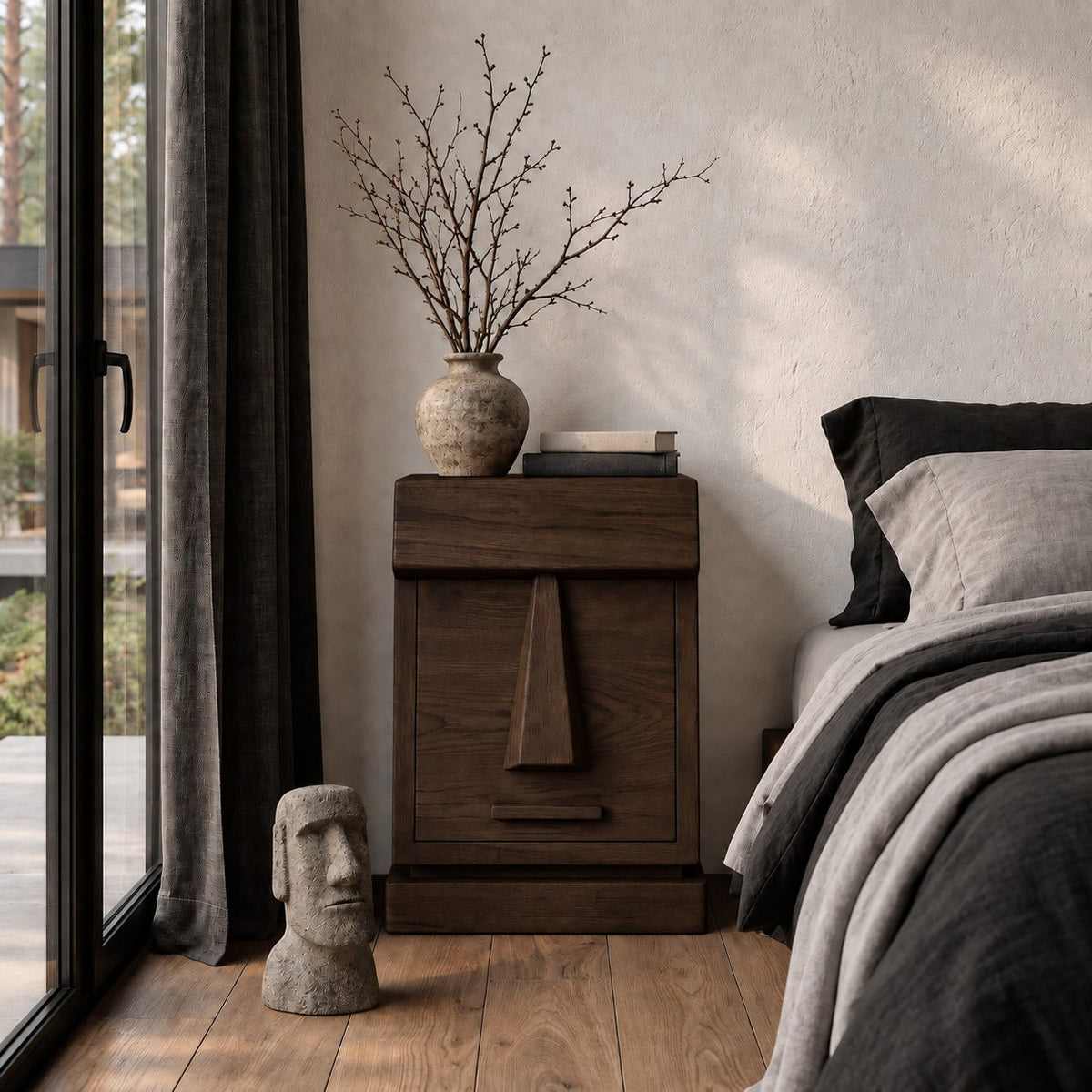 Geometric Face Door Nightstand, Carved Wedge Front Solid Wood Bedside Cabinet on Plinth Base