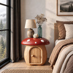 Round Cap Mushroom Nightstand with Arched Door, Painted Toadstool Top Solid Wood Bedside Table