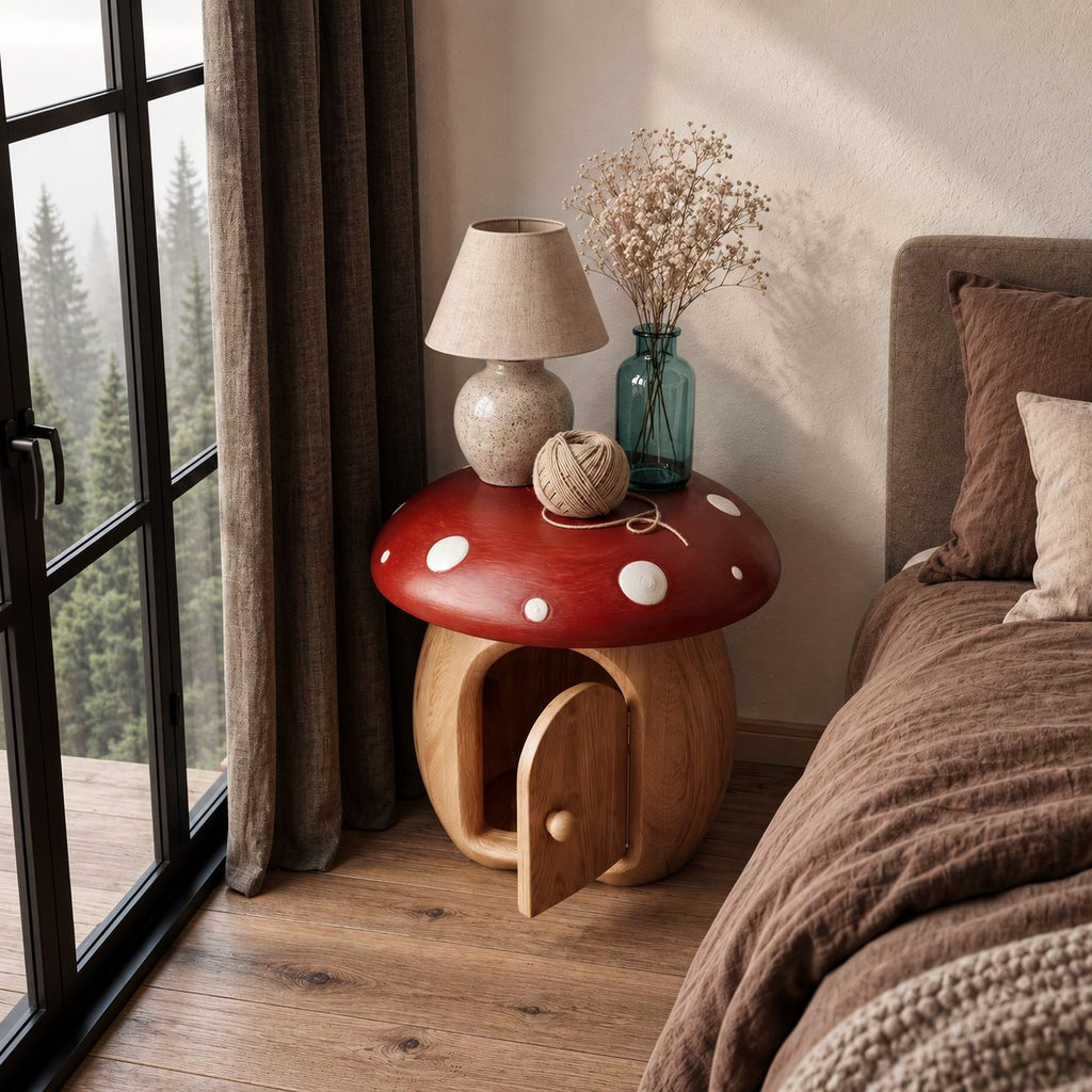 Round Cap Mushroom Nightstand with Arched Door, Painted Toadstool Top Solid Wood Bedside Table
