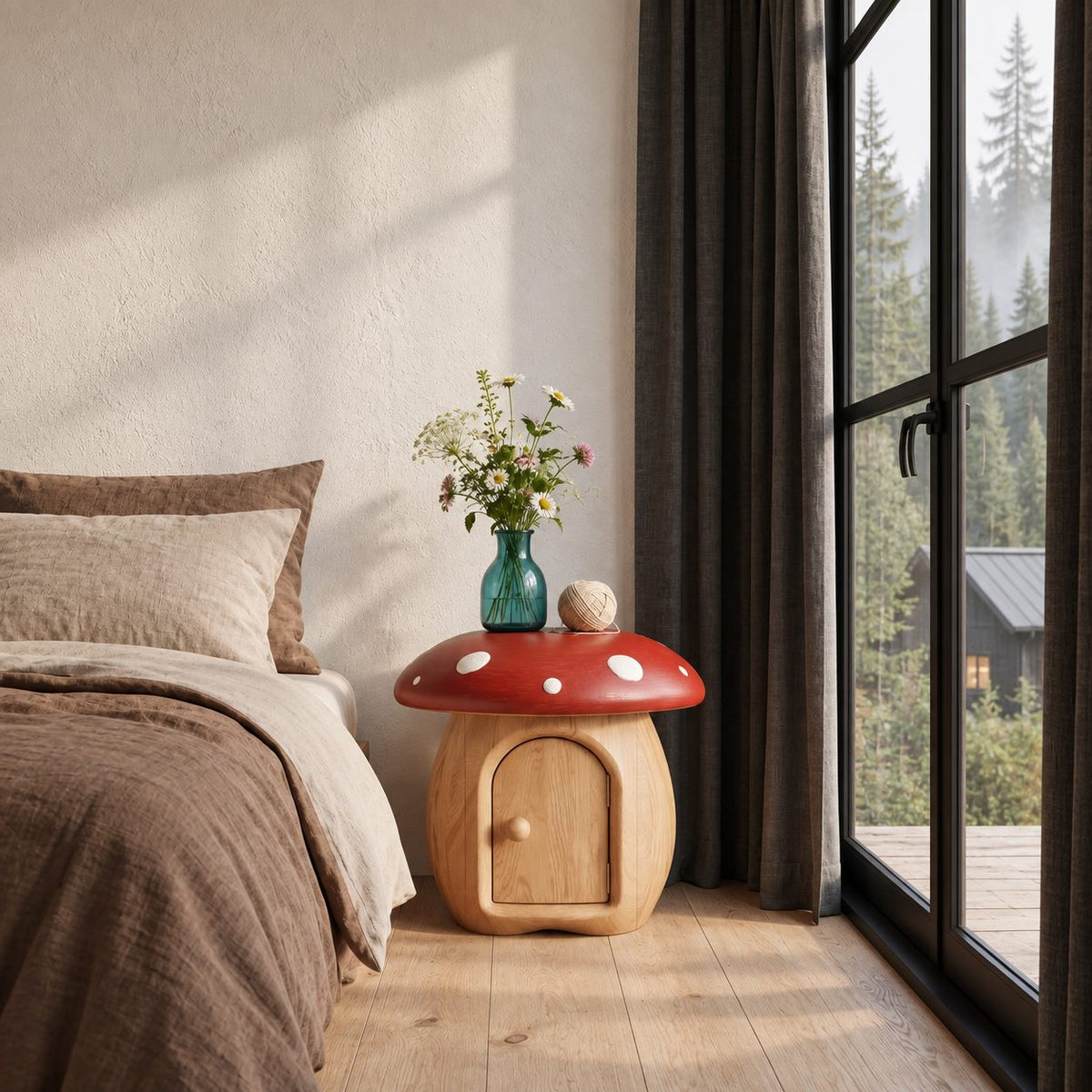 Round Cap Mushroom Nightstand with Arched Door, Painted Toadstool Top Solid Wood Bedside Table