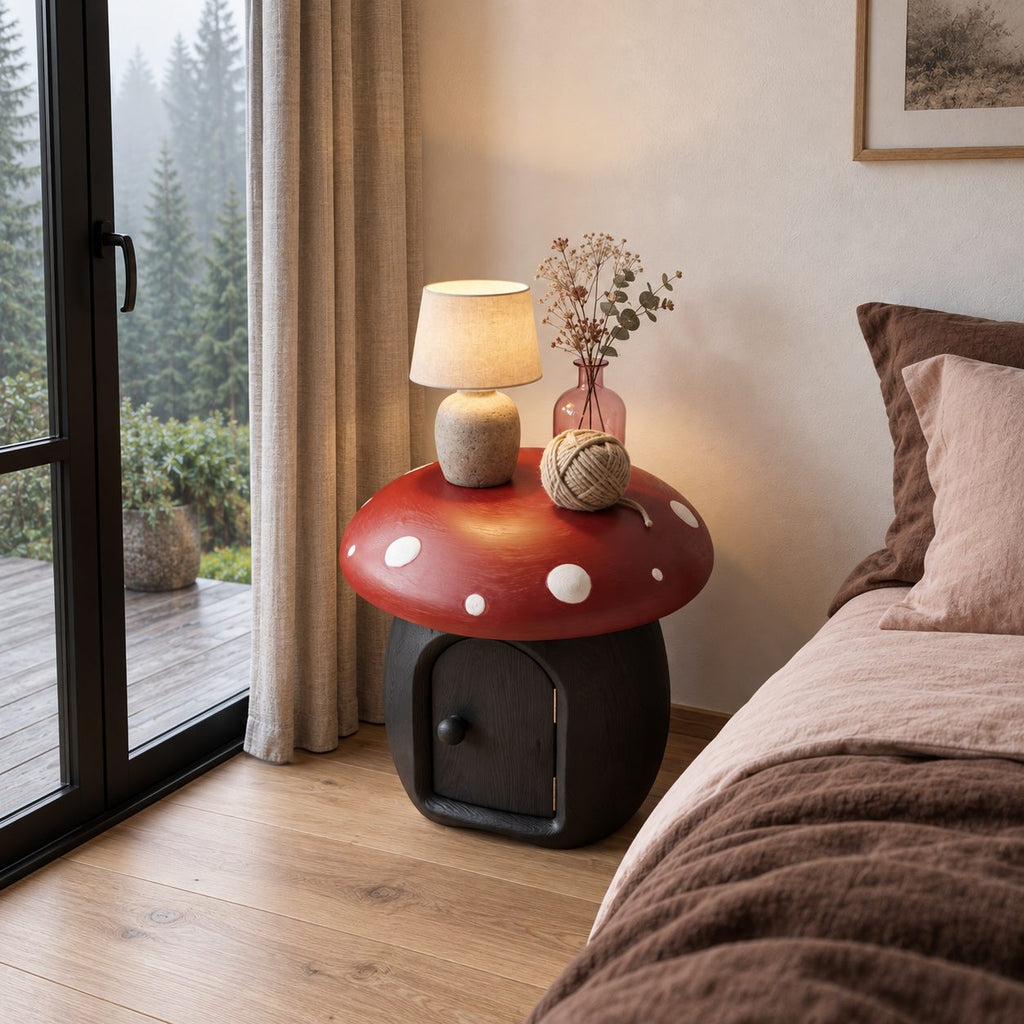 Round Cap Mushroom Nightstand with Arched Door, Painted Toadstool Top Solid Wood Bedside Table