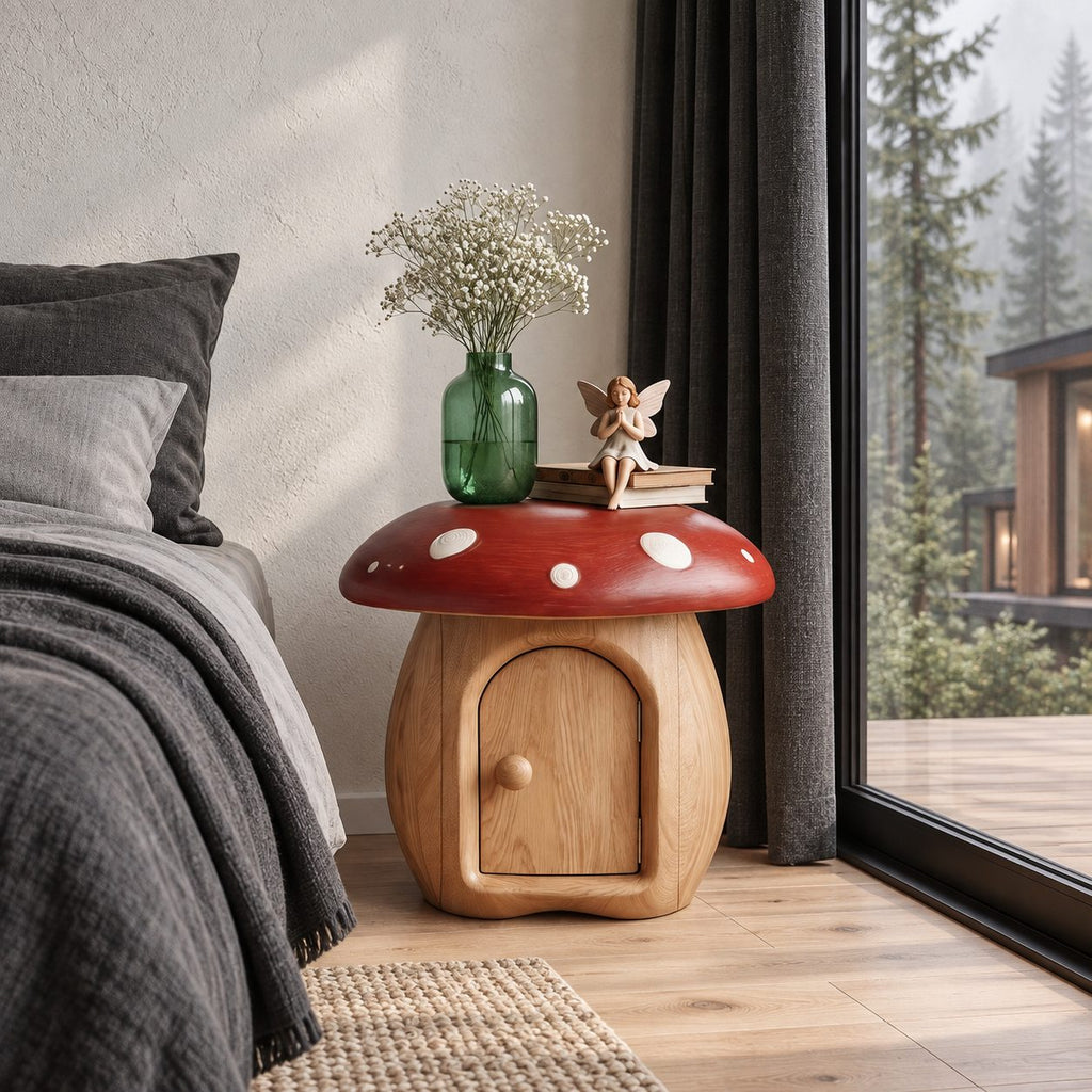 Round Cap Mushroom Nightstand with Arched Door, Painted Toadstool Top Solid Wood Bedside Table