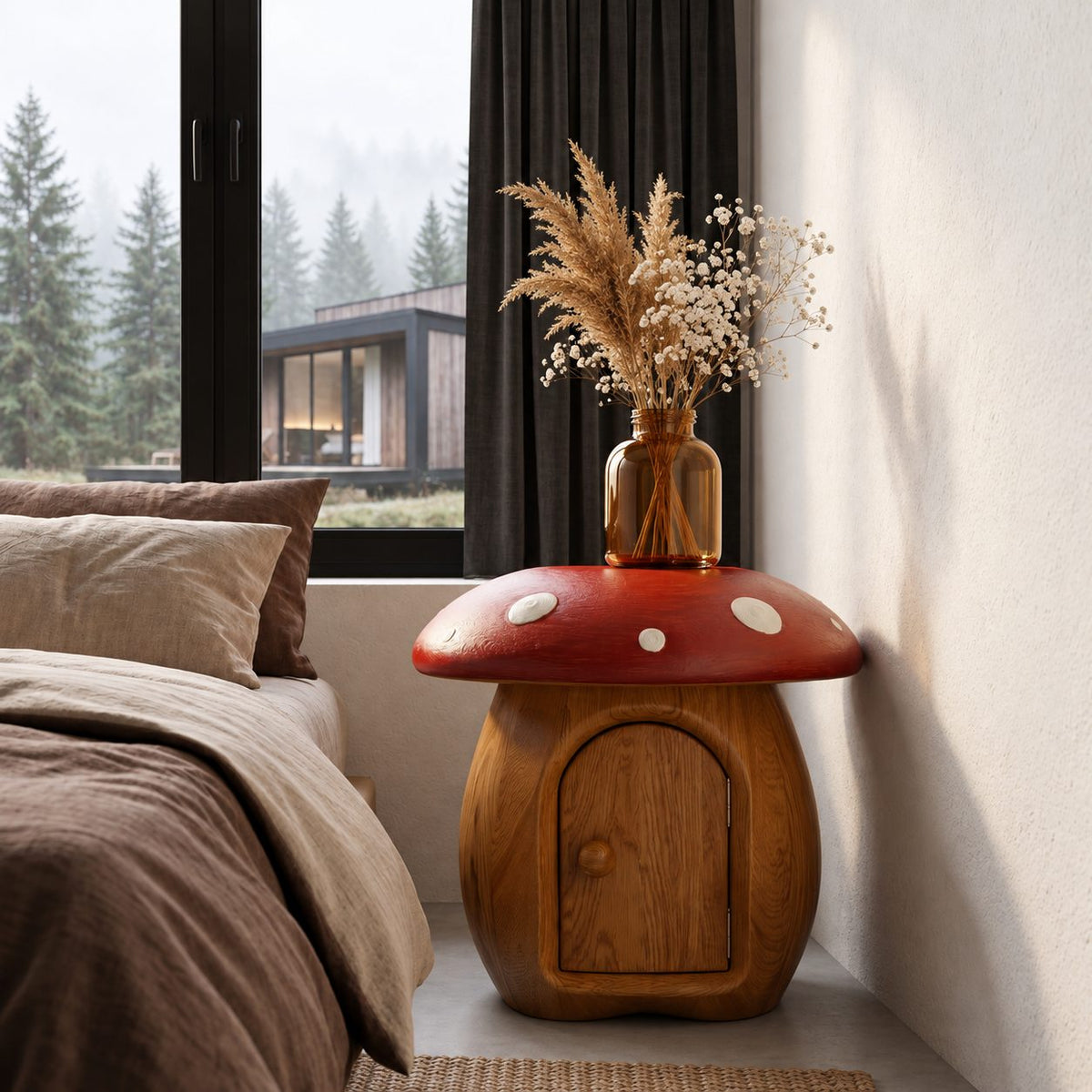 Round Cap Mushroom Nightstand with Arched Door, Painted Toadstool Top Solid Wood Bedside Table