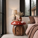 Round Cap Mushroom Nightstand with Arched Door, Painted Toadstool Top Solid Wood Bedside Table